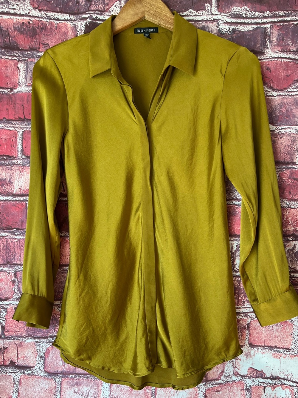 Eileen Fisher Chartreuse Green Button Up Tunic Blouse Shirt Size XS